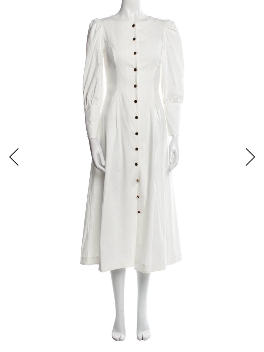 Reformation White Button-Front Midi Dress with Puff Sleeves